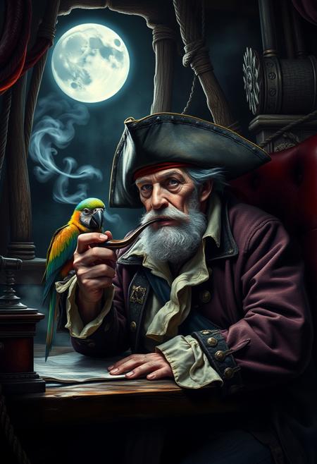 A highly detailed portrait of an old and weathered sea captain of a dilapidated pirate ship sits at his desk in his dark and dingy, smoke-filled quarters. The expression on the captains face is one of determination. His trusty parrot is nearby, as the captain smokes his pipe and plans the next attack for his crew. Dynamic portrait lighting with moonlight backlighting the captain and the smoke in the room.