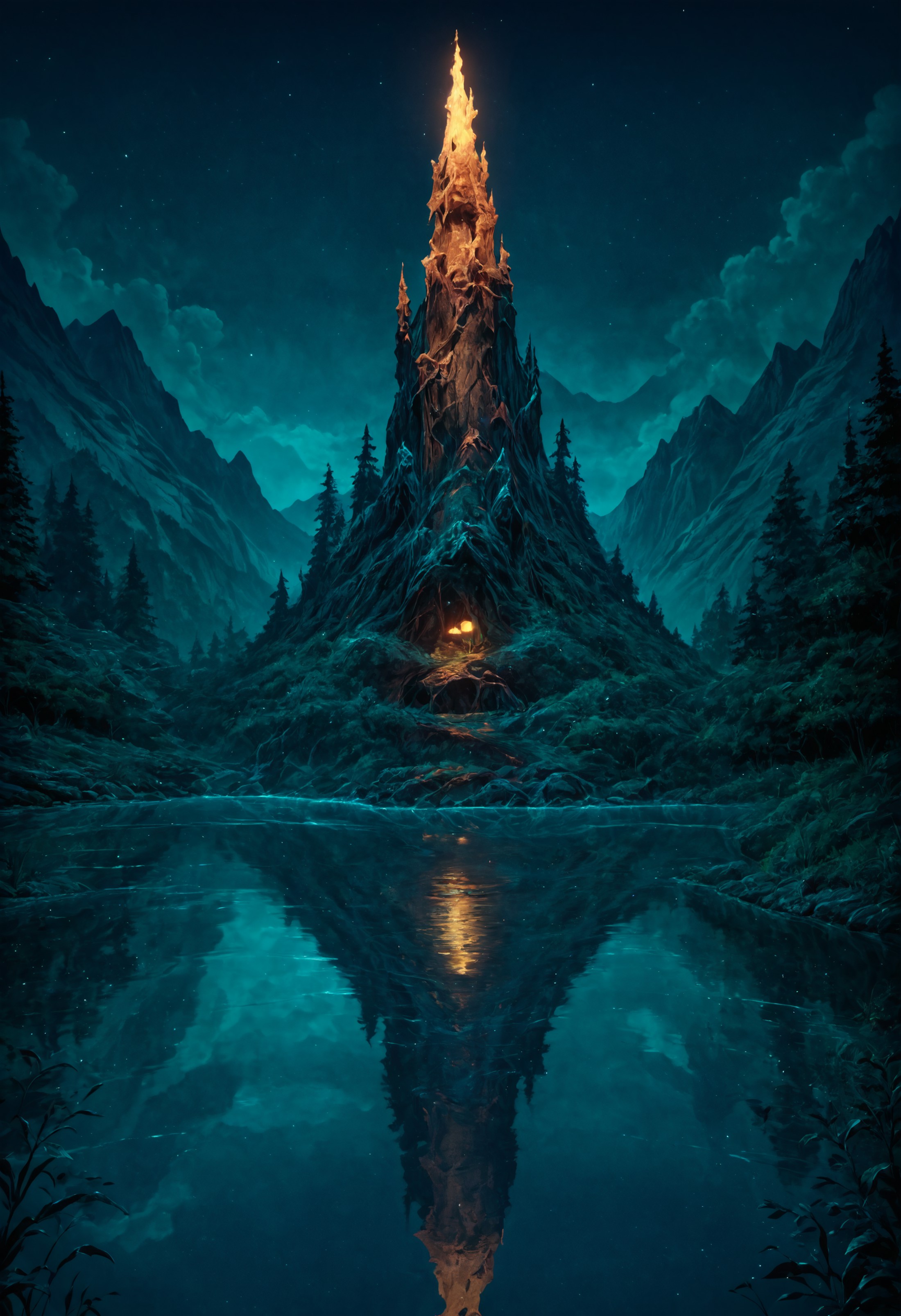 score_9, score_8_up, score_7_up, detailed, night, (dark environment), mountains, water, trees, no humans, reflection,