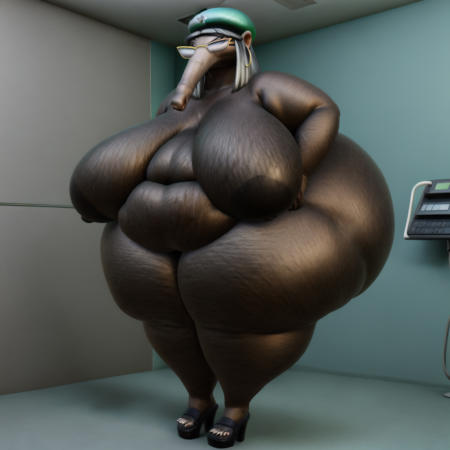 obese, female, anteater, green shirt, green pants, green hat, glasses, black sandals, long gray hair, dark gray skin, tail