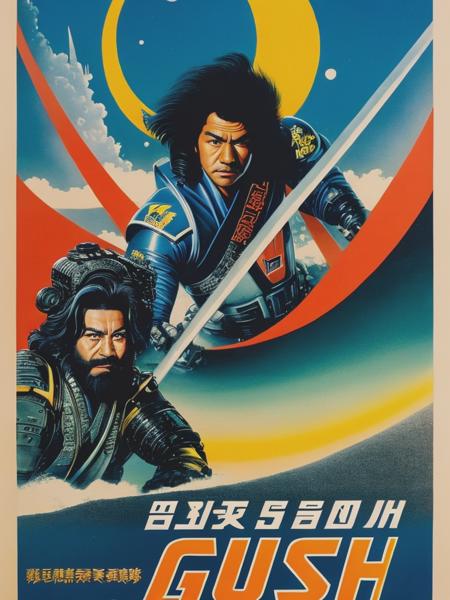 <lyco:MoviePoster:1.0> a faded airbrushed worn 1980s sci fi movie poster featuring a samurai with the title of GUSH in big bold words + gush + ultra wideangle + kodak portra 80000, 15 mm by Hokusai