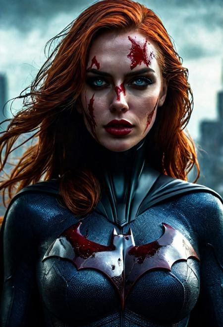 High resolution ultra-realistic of Beautiful bloody Batgirl  fighting against alien invasion, masterpiece, best quality, 1girl, batgirl, close up, realistic, dirty, bruise, blue eyes, mask, bodysuit, red hair, lips, long hair, solo, dark, cinematic style, standing on a bloody and stormy battle in a destroyed Gotham city in a fighting pose, bloody and dirty, realistic combat costume, whole body, perfect athletic figure, wavy long red hair, handsome bloody face, beautiful perfect detailed pupils, wet oily shiny skin, covered in dirty and blood, beautiful firm Breasts, defiant and seductive, attractive 21 year old Batgirl, 8k resolution concept art portrait by Greg Rutkowski, Dark Gotham City, Artgerm, WLOP, Alphonse Mucha, dynamic lighting, hyperdetailed, intricately detailed, Splash art trending on Artstation triadic colors, Unreal Engine, 5 volumetric lighting, Cinematic Lighting, intricate, smooth, sharp focus digital painting, Asymmetrical Balance, realistic eyes, ultra detailed atmospheric details, sparkle effects, realistic body proportions, beautiful body female soldier proportions, complex masterpiece, dramatic atmosphere