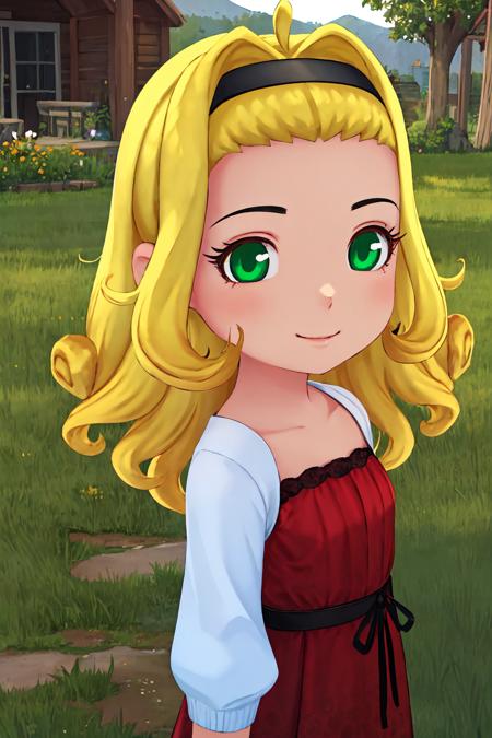 portrait, sharp focus, soft lighting,  illustration, depth of field, outdoors, grass, plants, muffy, 1girl, solo, long hair, blonde hair, red dress, curly hair, green eyes ,hairband, smile, white sleeves, looking at viewer,   <lora:muffy-000003:0.75>    <lora:artist-gomennasai:0.35>