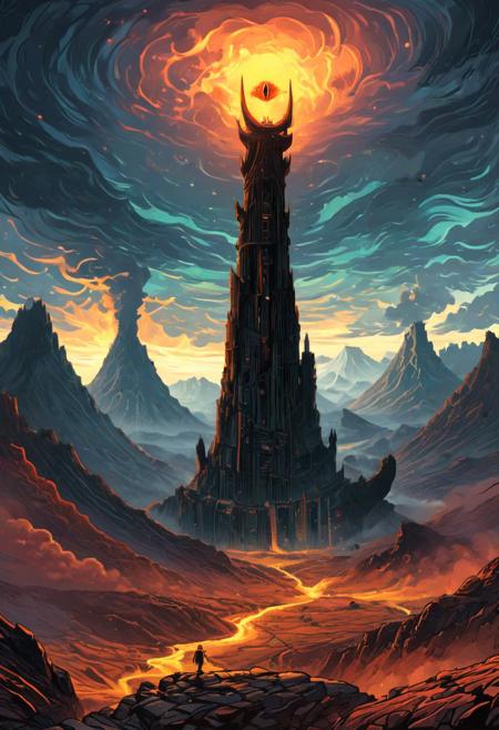 ((masterpiece, best quality)), high resolution, highly detailed, 32k picture, realistic, professional photo,    
cinematic, movie poster, flat colors, warm colors, SauronsTower, cloud, cloudy sky, mountain range, volcano,