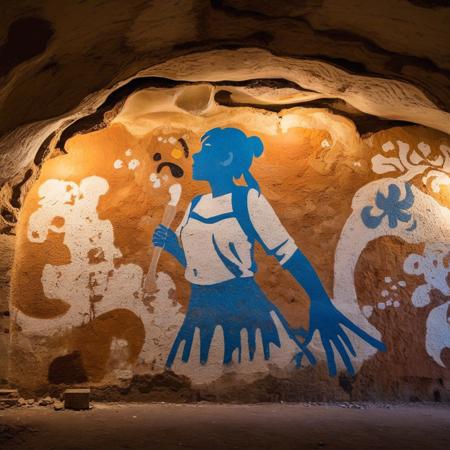 an anime faced girl with blue twin tails singing in (mural in lascaux:1.5), (deforme:1.4), (abstract art:1.2),hieroglyphs, directional lighting, masterpiece, perfect composition, abstract glitch, long shot, masterpiece,best quality,very aesthetic, absurdres,