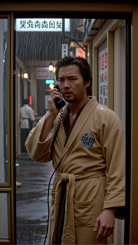 BTILC, cinematic, solo, brown hair, 1boy, holding, upper body, male focus, parted lips, indoors, window, facial hair, phone, holding phone, rain, realistic, poster (object), caution tape, talking on phone, corded phone, asian, bathrobe
cinematic film still , shallow depth of field, vignette, highly detailed, high budget Hollywood film, bokeh, cinemascope, moody, epic, gorgeous, film grain.
<lora:big_trouble_in_little_china-SDXL-v1:1.25>