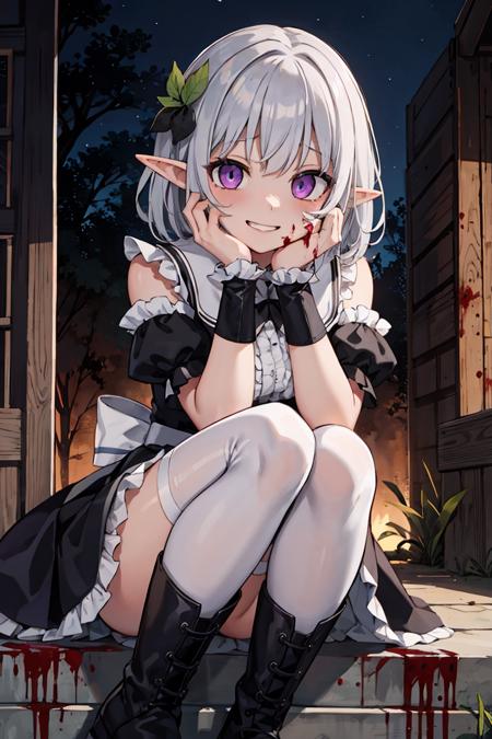 (masterpiece), best quality, high resolution, extremely detailed, detailed background, cinematic lighting, outdoor, 1girl, elf, medium hair, silver hair, crossed bangs, purple eyes, medium breasts, white shirt, black dress, drastic hair ornaments, skirt, frills, lace rims, frilled sleeves, frilled skirt, thighhigh, ankle boots, yandere, yandere face, shaded face, crazy eyes, glowing eyes, crazy smile, blood, blood on face, blood on clothes, hands on own cheeks,