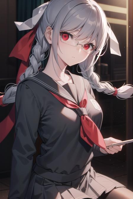 pekopekoyama, <lora:pekopekoyama-lora-nochekaiser:1>,
peko pekoyama, braid, long hair, (red eyes:1.5), twin braids, glasses,
BREAK black pantyhose, black shirt, brown footwear, collarbone, pantyhose, pleated skirt, school uniform, serafuku, shirt, shoes, skirt,
BREAK looking at viewer,
BREAK indoors, classroom,
BREAK <lyco:GoodHands-beta2:1>, (masterpiece:1.2), best quality, high resolution, unity 8k wallpaper, (illustration:0.8), (beautiful detailed eyes:1.6), extremely detailed face, perfect lighting, extremely detailed CG, (perfect hands, perfect anatomy),