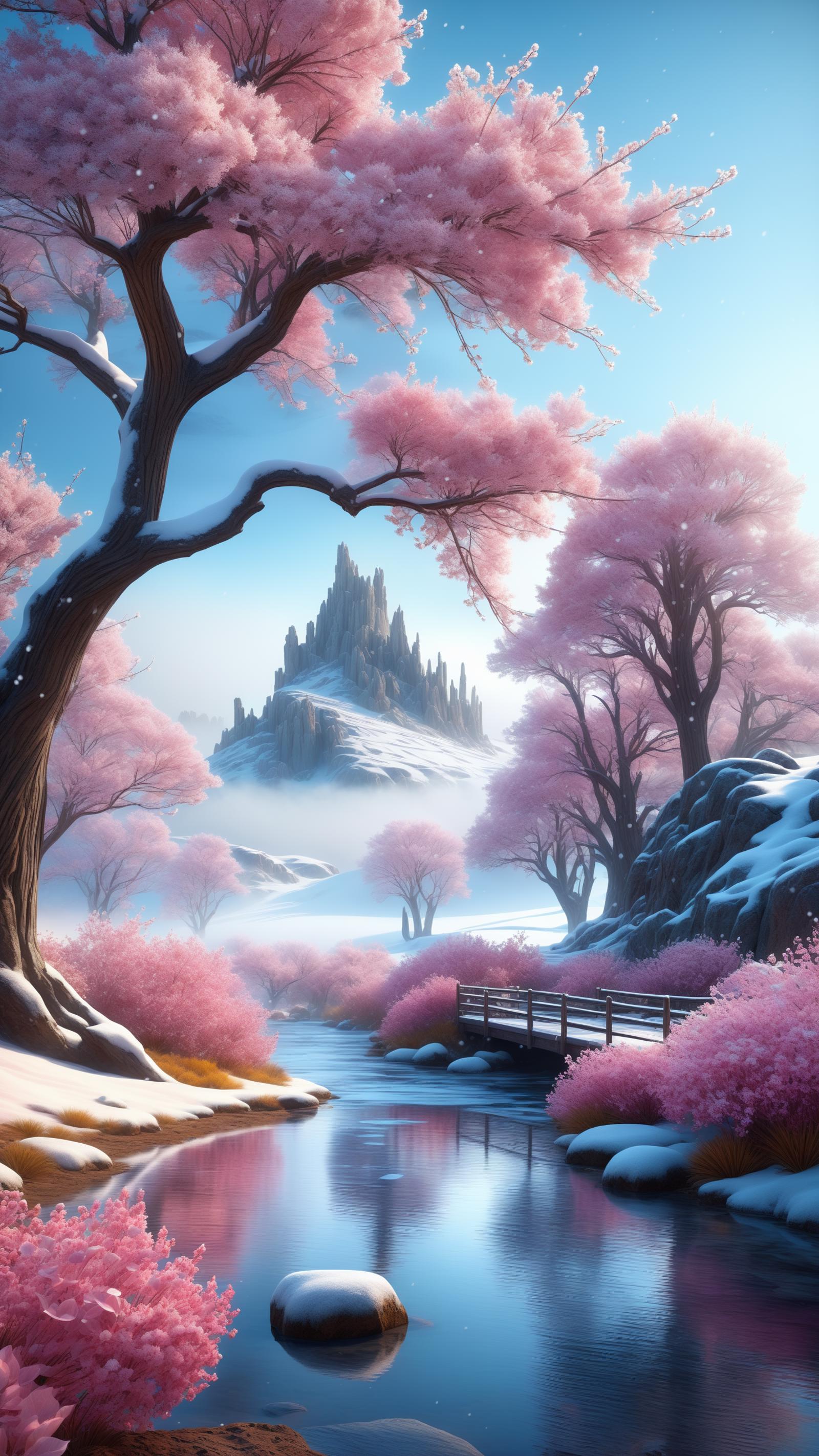 A picturesque scene of a castle in the snow with a bridge and pink flowers.
