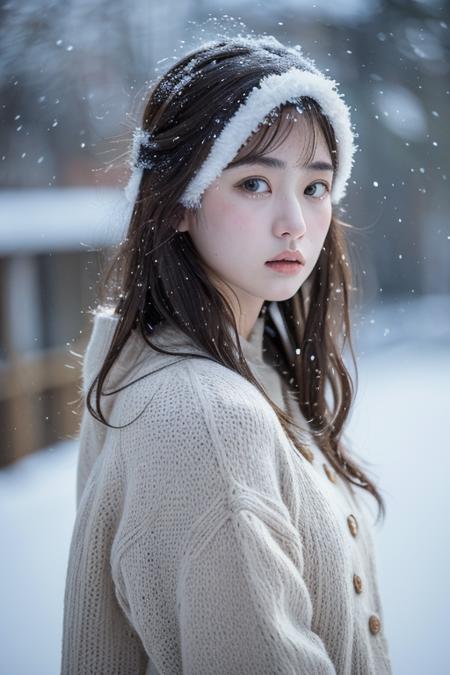 (8k, best quality, masterpiece, ultra highres:1.2) Photo of Pretty Japanese woman in the (style of paul rubens and rebecca guay:1.1) (melancholy winter snow:1.4)