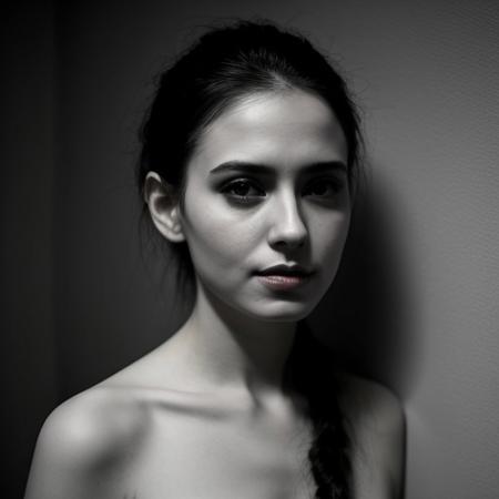 one side lighting, ((pitch black background)), ((greyscale)), studio set, perfect drawn face, very beautiful intensive eyes, wearing only a very classical oldschool nightdress, she performs an expression dance in style from Pina Bausch with whole body effort, on a lonely theater stage, stunning sensual´woman in her end 40s, simply accenting the natural beauty, absolute minimal makeup, single braid black hair, filmed with arri one stage camera, sad melancholic look,
