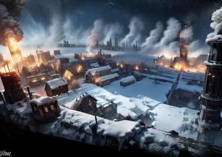 snow-covered city, ruins, fire, winter, cold, fear  <lora:frostpunk:0.8>, frostpunk