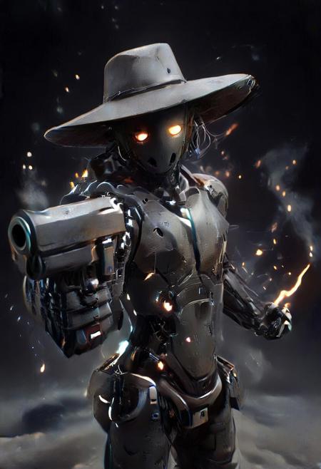 robot wearing a simple black cowboy hat. flames in background. night. weapon, cyberpunk revolver, holding revolvers, gunbelt, gunfire, muzzle flash, revolver.
 very detailed, atmospheric haze, Film grain, cinematic film still, shallow depth of field, highly detailed, high budget, cinemascope, moody, epic, OverallDetail, gorgeous, 2000s vintage RAW photo, photorealistic, candid camera, color graded cinematic, eye catchlights, atmospheric lighting, skin pores, imperfections, natural, shallow dof