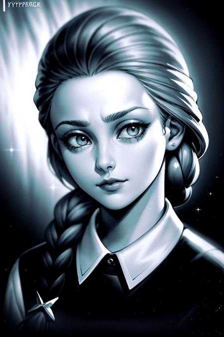 (dark shot:1.4), 80mm, comic style, illustration, cartoon, katsmir, 1girl, solo,  braid, single braid, long hair, closed mouth,  hair over shoulder, braid clip, greyscale, monochrome <lora:katsmir:0.55> , [[by phil jimenez]], soft light, sharp, exposure blend, medium shot, bokeh, (hdr:1.4), high contrast, (cinematic, teal and orange:0.85), (muted colors, dim colors, soothing tones:1.3), low saturation, (hyperdetailed:1.2), (noir:0.4), by rutkowski, by Android Jones, [by Ismail Inceoglu :: 0.3], detailed, (natural skin texture, hyperrealism, soft light, sharp)