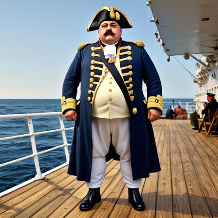 Full body in frame, from head to toe, wide angle view from side, distant camera, long shot, wide shot.Full body in frame, from head to toe, wide angle view, distant camera, long shot, wide shot.  
A fat middle-aged Turkish-German man standing confidently on the deck of a large wooden battle ship, at sea.  
He is wearing a detailed 19th century navy officer uniform with golden epaulettes, a blue coat, brass buttons, and a tricorn hat.  
Strong physical body, musclechub, burly, thick arms and legs, barrel chest.  
Masculine square face, big nose, thick eyebrows, broad chin.  Background is sea.
Realistic lighting, moonlight, 8k, photorealistic, ultra detail, clothes and body details
 <lora:Better_expressionsH:0.6> <lora:detailed_notrigger:0.7> <lora:Walrus_Mustaches:0.6>
