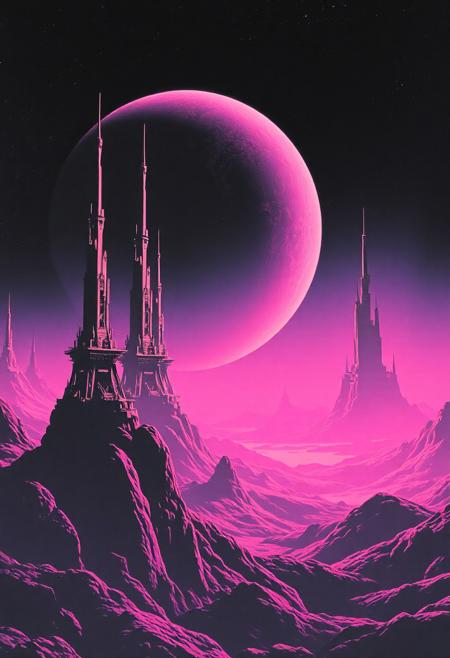 Monochrome with color, retro scan of 80s-anime-ai spectral neon Gradient ascii_art, a 80s Sci-fi Ethereal. Dark space, 80`s sci-fi book artwork, lofi, neon-pastel colors, grainy, vintage
Create a vivid description of a distant planet in the universe where enormous structures are visible from space, towering over the landscape in an awe-inspiring display.