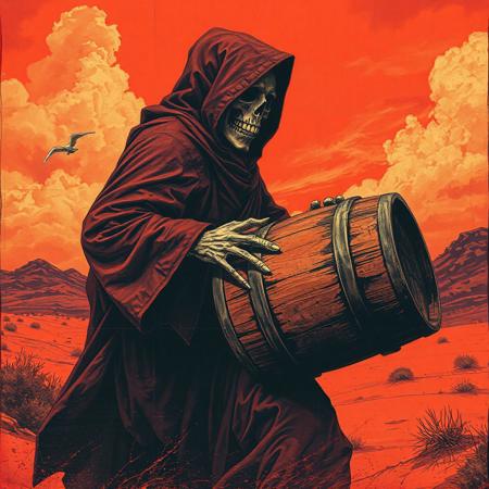 Dark art Side view of an cloaked ominous monk from the 70s-style pulp paintings is running fast while cradling a wooden whiskey barrel in his arms, The sky is red and otherworldy. The monks grinning skeletal face is barely visible. Duotone: Burnt orange and deep plum. Mood: Occult ritual meets 80's crinkled concertposter art style. Grim reaper, doom metal-style, gritty, desert ritual, tales from the crypt