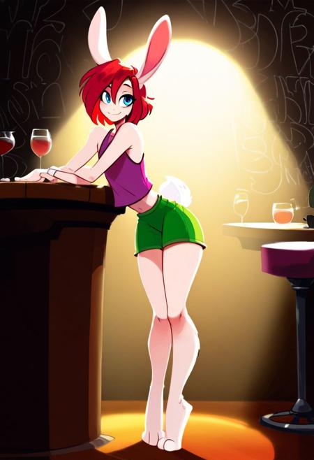 furry, anthro, anthropomorphic, white fur, white rabbit, rabbit, bunny, rabbit ears, bunny ears, rabbit tail, bunny tail, male, femboy, twink boy, paws, blue eyes, green shorts, purple tank top, small body, lithe, thin, skinny, redhead, red hair, short hair, big eyes, cute, cartoon style, solo, smile, midriff, sexy, good anatomy, high quality, best quality, background, nsfw, lewd, bold lines, flat shading, flat lighting, vibrant colors, little body, full body shot, whole body, full body, club, nightclub, flirtatious, flirt, bedroom eyes,
