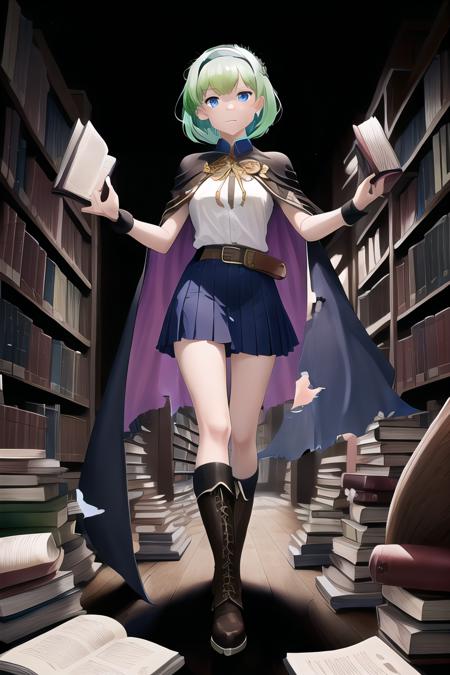 masterpiece, best quality, absurdres, nino, 1girl, solo, short hair, blue eyes, skirt, holding, hairband, boots, green hair, belt, cape, torn clothes, grimoire, library, book, reading, holding book, black background, holding book, purple hairband, torn cape, lora:nino_fe_v1:1>