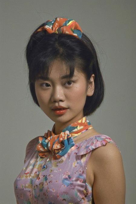 Asian woman , low key , Generate a vibrant and nostalgic image capturing the essence of the 1983 hairstyle era. Envision a young woman with feathered hair adorned in a colorful scrunchie, embodying the playful and energetic spirit of the '80s. Set against a dynamic background reminiscent of the era's pop culture, create a scene that combines the iconic fashion trends and hairstyles, immersing the viewer in the unique charm of 1983.