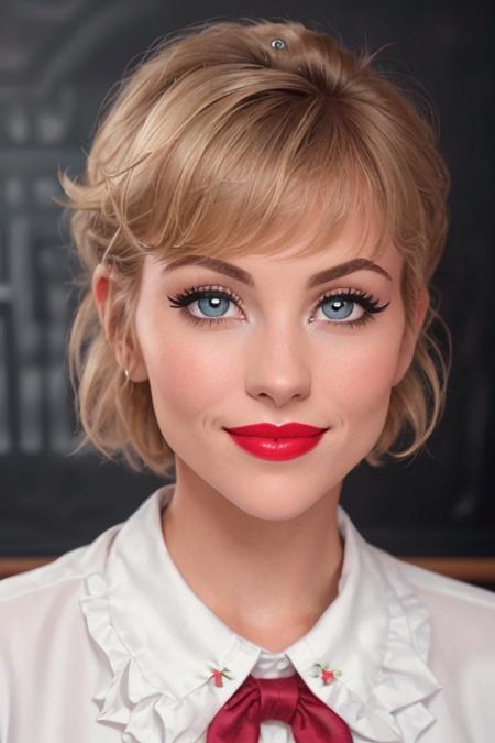 photo of a woman, <lora:michellejohnson-03:0.5>, michellejohnson, ((shirt, pixie cut, bowtie):1.1), ((closeup, portrait)),((classroom, chalkboard)), ((red lipstick, makeup)), (smile), ((best quality, masterpiece, extreme details, high resolution):1.2),((detailed eyes, beautiful eyes, detailed face, beautiful face):1.2) ,(epicphoto)