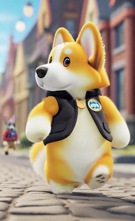 cinematic photo, a corgi dog in party animals style, wearing a jacket , running on street, 35mm photograph, film, bokeh, professional, 4k, highly detailed<lora:PartyAnimals_1.1:1>