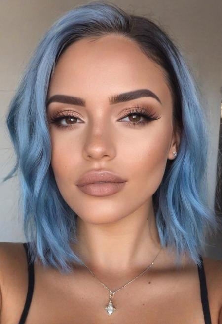 beautiful young woman portrait photo, blue hair, realistic very light freckles on face, only brown eyez, light brown eyes, latina influencer, instagram model, very slightly rough skin, realistic portrait, realistic ambience light, light makeup, large breasts