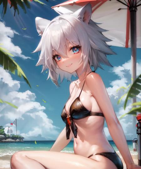 masterpiece, best quality, <lora:ClickV1:0.7>, click \(arknights\), 1girl, solo, mouse girl, mouse ears, animal ears, short hair, grey hair, hair between eyes, blue eyes, bikini, beach, smile, leaves, from side, sitting, close-up, red parasol, shadow