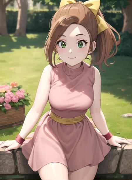 best quality, (masterpiece),(ultra-detailed), (high quality), (high resolution),  <lora:Kluke:0.7>,Kluke, , brown hair, bow, green eyes, ponytail, hair bow,, 1girl, solo, breasts, smile,pink dress,  sleeveless