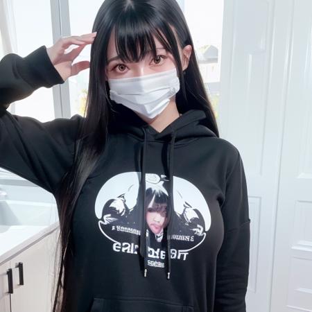 best quality, ultra high res, (8k, RAW photo, photorealistic, (8k, RAW photo, best quality, masterpiece), (realistic, photo-realistic), ultra-detailed, 1girl, long hair, black hair, bangs, black mask, 
white hoodie , <lora:qqq-bwwnice-v1:0.9>