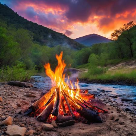 ▲ Close to: 
small fire in landscape, fire at soil in center with moving river and clay sand with vegetation and rocks, purple sky with clouds, mountain at distant horizon, 