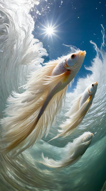 Shimmerwave fishes, quelling a riot, Subtle bioluminescence, gale force with powerful gusts, bright and airy lightness, angled tilt dynamic effect, point-of-view intimate shot, victorian rich textiles, fluffy down feathers, distorted fisheye view, contrasting textures, glimmering water surface.