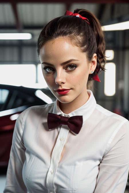 photo of a woman, kayas:0.99,((ponytail):1.1) ((bowtie, white shirt):1.2), ((garage, tools, workbench):1.2),((red lipstick, eyeliner, eye shadow, blush)), ((best quality, masterpiece, extreme details, high resolution):1.2),((detailed eyes, beautiful eyes, detailed face, beautiful face):1.2)