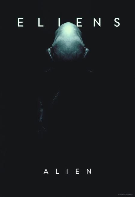 Movie poster (Xenomorph Alien lurks in the darkness) . (minimalism: 1) , ray tracing details . Style by Stephen Gammell .