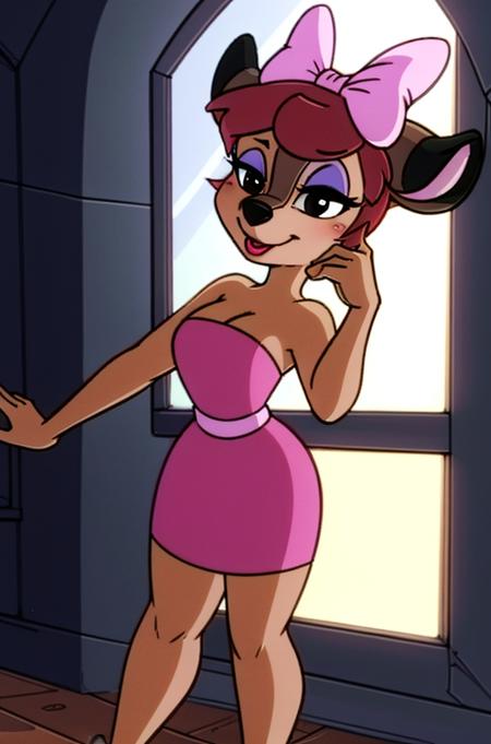 1girl, FawnDeerCzar,(furry, furry female, full body,standing), (deer nose, deer ears, deer tail, bangs, brown hair, makeup, half-closed_eyes, black eyes, lipstick), (pink dress, strapless dress, pink hair bow, blue eyeshadow, pink lipstick), (seductive), (masterpiece:1.2), hires, (detailed face:1.2), (detailed eyes:1.2), perfect skin, ultra-high resolution, 8K, high quality, (sharp focus:1.2), clean, crisp, cinematic, <lora:Fawn_Deer-30:0.75>