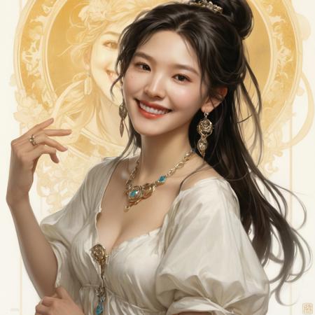zhangruonan woman,  ,jewelry,earrings,full body smile, art by Artgerm and Greg Rutkowski and Alphonse Mucha   <lora:zrn2_ej_JuggXL_1-000020:0.6>