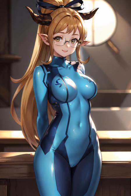 (masterpiece, best quality:1.2), <lyco:gbf_sarya-10:0.8>, <lora:zerosuit-nvwls-v1:1.0>, cowboy shot, solo, 1girl, gbfsarya, smile, looking at viewer, arms behind back, ponytail, hair bow, horns, glasses, zero suit, large breasts