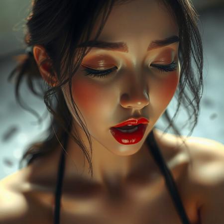score_9, score_8_up, solo, 1female, 35yo, lovely, makeup, on knees, bare cheeks, mouth open, eyes closed, aroused, eager, hopeful, sexy, seductive, close up on head, 
 very detailed, detailed eyes,  high detailed texture, realistic, photorealistic, perfect eyes, real life realistic, Expressiveh, Stable_Yogis_PDXL_Positives, midjourneylora, detailed background, dynamic angle, volumetric lighting, godrays, beautiful, small breasts, brown eyes,