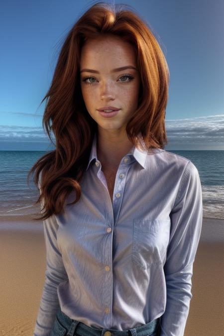 RileyRasmussen, upper body, ((white Oxford shirt:1.2)), beach, sunset, windy, <lora:add_detail:1> <lora:LowRA:0.7>