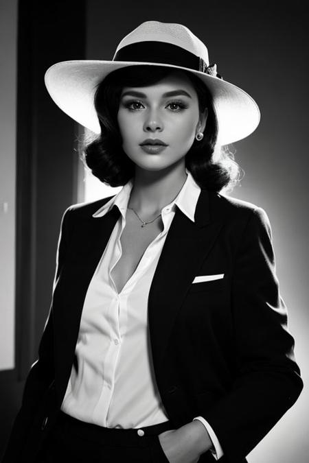 (beautiful woman),[film noir], [full-body shot], [black and white photo], [vintage], [fedora hat],[chiaroscuro lighting], [thriller], (beautiful perfect face),[detailed],[perfect human anatomy],[professional photography],[posing],[cinematic],[40s],[very old elegant clothes]