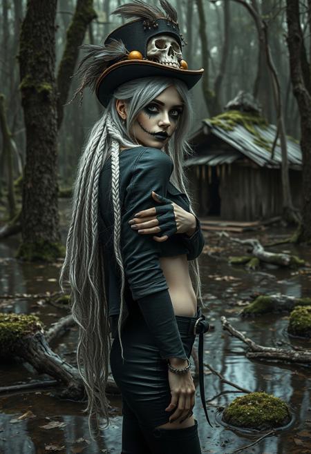 A dark fantasy setting. In a swamp, trees (both standing and growing, and fallen over) have moss growing all over them. In the background is a strange hut made of wood. In the foreground is a young woman, long white hair in a multitude of small braides, pale skin, medium breasts, her face is painted with makeup to look like a skull, her cheeks and mouth/lips painted to look like teeth. She wears a short top hat that's adored with beads hanging from the brim and feathers, a pirate's shirt(clevage)(midriff), an open cropped jacket, and black leather pants with a belt.  She looks at the viewer, her body turned slightly to the side, a slight tilt to her head, shoulders back. her expression is that of a curiosity and unease. 
semi realistic