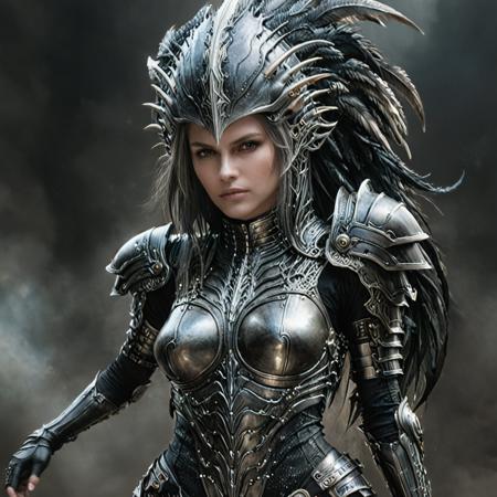 full body shot of a woman from final fantasy live action, with the face of h. r. giger. a beautiful digital painting. artstation. digital art. concept art. illustration. realistic. vibrant. by justin gerard <lora:alienzkin-sdxl:1.1> alienzkin <lora:EbonyGold-000014:1.4> ebonygold  armor, colorfeathers <lora:xl_more_art-full_v1:0.95>