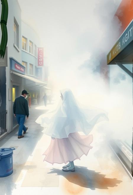 A candid street photography style watercolor painting depicts an ethereal ghostly figure in thick fog. The scene showcases urban environments and spontaneous candid moments. The painting uses soft lighting and vibrant natural colors with a romantic realism style.