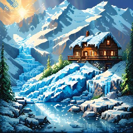 pixel art,
glacier scene,house,shining,nature light,Fantastic light and shadows,scenery,landscape,photograph