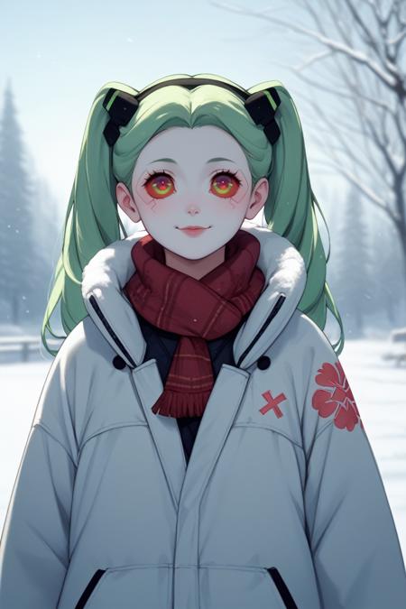 ERRebecca, 1girl, green hair, twin tails, red pupils, colored sclera, white skin, red tattoo