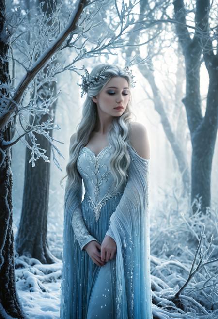Dryad, winter forest, snow-covered bark skin, branches frozen with frost, white and blue leaves, pale glow, icy vines, frozen trees, magical winter light, peaceful aura, soft lighting, cinematic composition, ultra detailed, ethereal atmosphere, high quality, masterpiece, dreamy tones, glowing cold mist