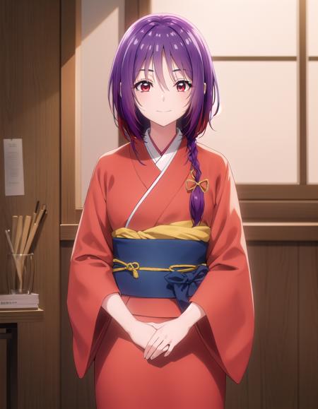 yuzuki aoba, (red eyes:1.3), hair between eyes, purple hair, braid, single braid, japanese clothes, kimono, sash, obi, red kimono,