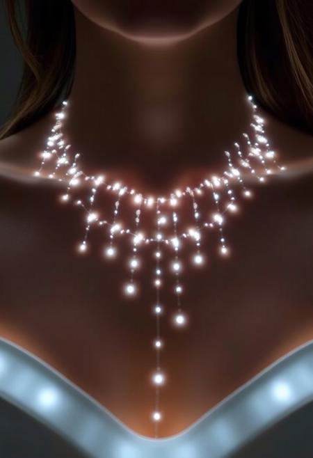 subdermal LED cascade necklace, (internal LED glow:1.7), (embedded LEDs:1.7) forming an intricate, cascading pattern of glowing light beneath the skin, (delicate light strands:1.6) flowing down the neck, mimicking the elegance of a waterfall necklace, soft light radiating from the collarbone downwards, (radiant glowing strands:1.6) creating a layered effect, high-definition, (natural skin tone:1.5), (ultra-realistic skin textures:1.8), seamless light transitions following the natural curves of the body, bold yet graceful, (worn jewelry:-1.8), (visible necklace:-1.8), (rigid design:-1.5), glowing cascade effect under the skin, modern and elegant, perfect for formal occasions