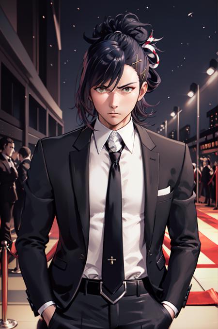 cinematic, red carpet, 1boy, solo, upper body, standing, looking at viewer, serious, <lora:KagetsuFE:0.8> defKagetsu, hair ornament, hairclip, formal, suit jacket, necktie