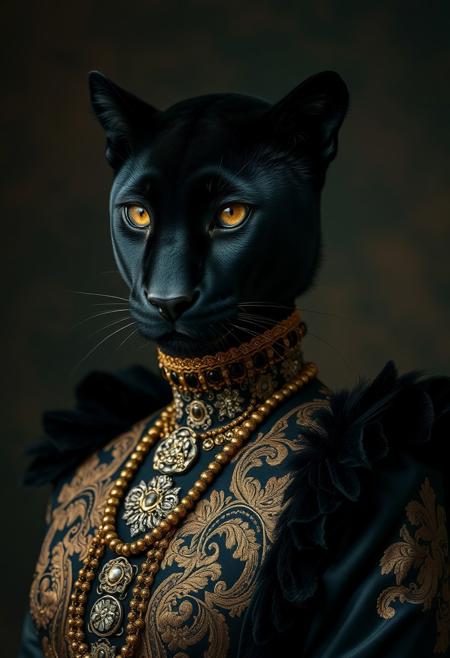 medium shot, elegant and majestic portrait of a Hybrid between a female black panther and a black african woman, panther head, woman body, victorian costume, ornamented, damask fabric, black and gold, hyper-realistic, studio photography, perfect textures, vintage photography