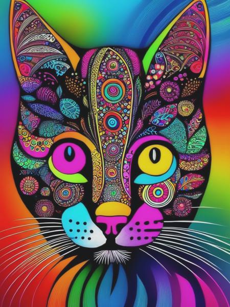 <lyco:LaurelBurch:1.0> Colorful cat, awe, mystery, magic, wonder, whimsy, zentangle, grungy background, fractals, style of Laurel Burch